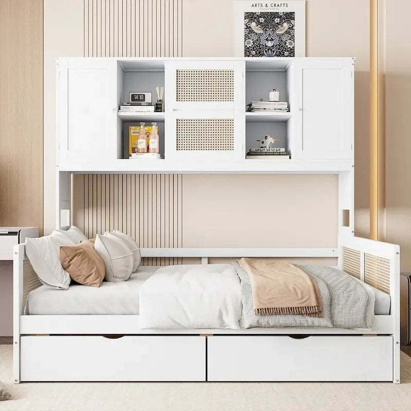 Wooden Daybed With 2 Drawers and All-in-One Cabinet and Shelf