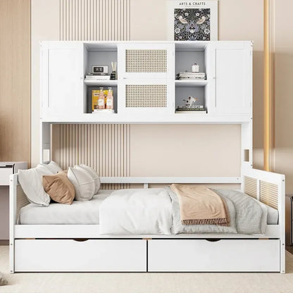 Wooden Daybed With 2 Drawers and All-in-One Cabinet and Shelf