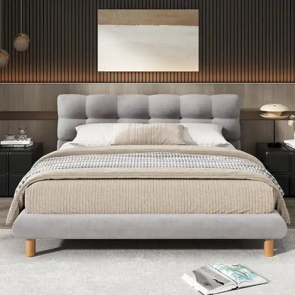 Queen Size Upholstered Platform Bed Modern Tufted Bed Frame with Cookie-Shaped Headboard for Guest Room and Bedroom