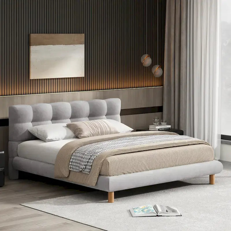 Queen Size Upholstered Platform Bed Modern Tufted Bed Frame with Cookie-Shaped Headboard for Guest Room and Bedroom