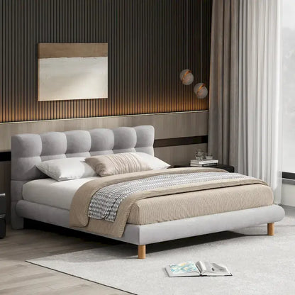 Queen Size Upholstered Platform Bed Modern Tufted Bed Frame with Cookie-Shaped Headboard for Guest Room and Bedroom