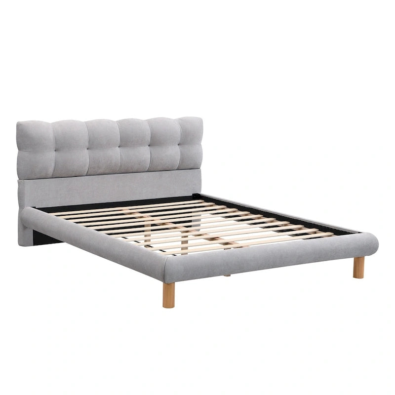 Queen Size Upholstered Platform Bed Modern Tufted Bed Frame with Cookie-Shaped Headboard for Guest Room and Bedroom