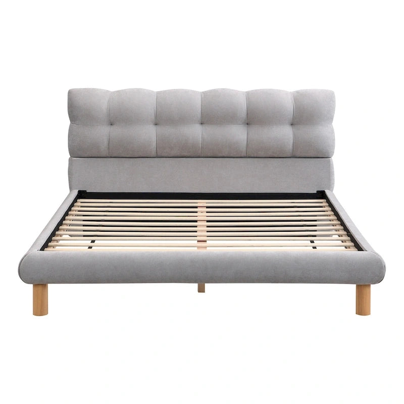 Queen Size Upholstered Platform Bed Modern Tufted Bed Frame with Cookie-Shaped Headboard for Guest Room and Bedroom