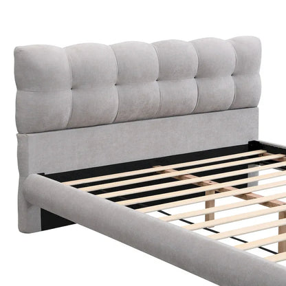 Queen Size Upholstered Platform Bed Modern Tufted Bed Frame with Cookie-Shaped Headboard for Guest Room and Bedroom