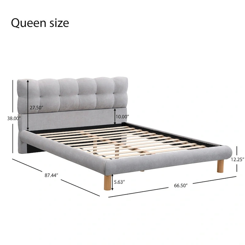 Queen Size Upholstered Platform Bed Modern Tufted Bed Frame with Cookie-Shaped Headboard for Guest Room and Bedroom