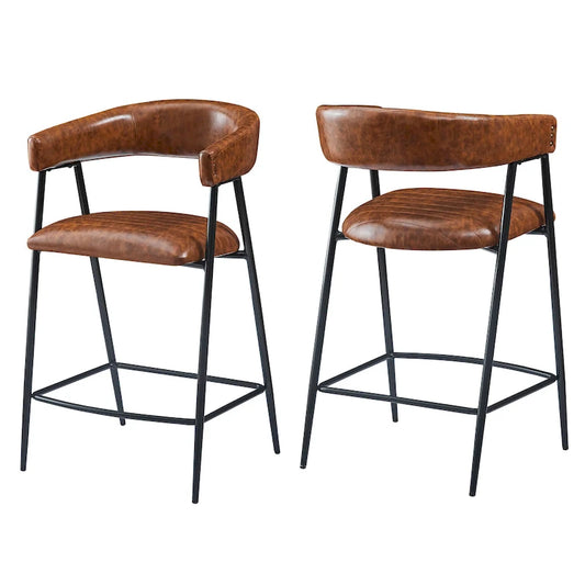 Roomfitters 26 PU Upholstered Counter Stools, Set of 2 Bar Height Chairs with Iron Frame, Backrest, Footrest and Arms, Brown