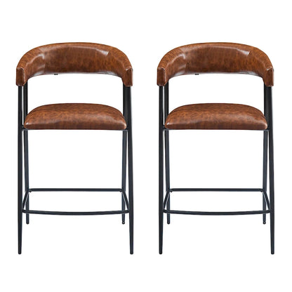 Roomfitters 26 PU Upholstered Counter Stools, Set of 2 Bar Height Chairs with Iron Frame, Backrest, Footrest and Arms, Brown