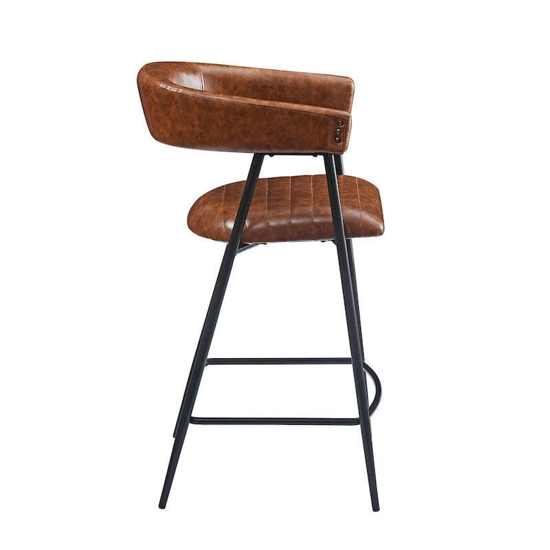 Roomfitters 26 PU Upholstered Counter Stools, Set of 2 Bar Height Chairs with Iron Frame, Backrest, Footrest and Arms, Brown