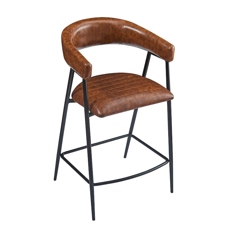 Roomfitters 26 PU Upholstered Counter Stools, Set of 2 Bar Height Chairs with Iron Frame, Backrest, Footrest and Arms, Brown