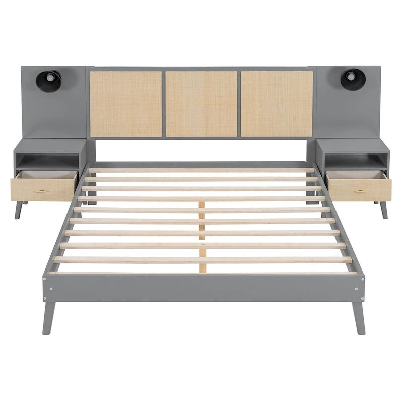 Queen Solid Wood Platform Bed with Nightstands & Headboard Lamps