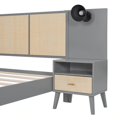 Queen Solid Wood Platform Bed with Nightstands & Headboard Lamps