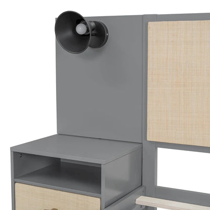 Queen Solid Wood Platform Bed with Nightstands & Headboard Lamps