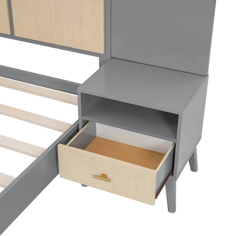 Queen Solid Wood Platform Bed with Nightstands & Headboard Lamps