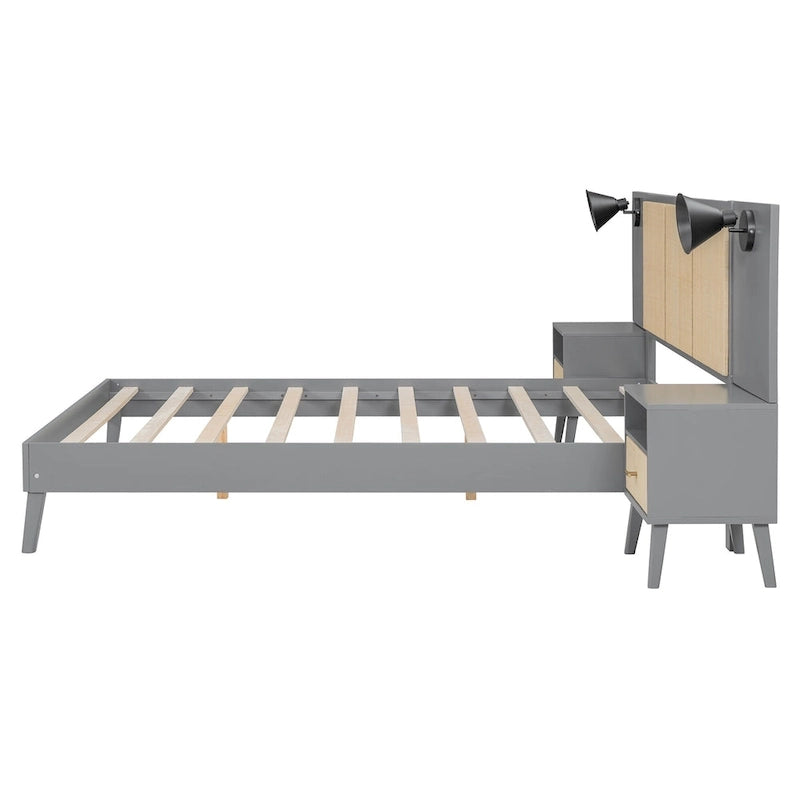 Queen Solid Wood Platform Bed with Nightstands & Headboard Lamps