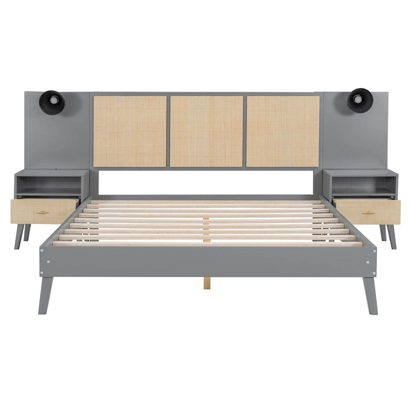 Queen Solid Wood Platform Bed with Nightstands & Headboard Lamps