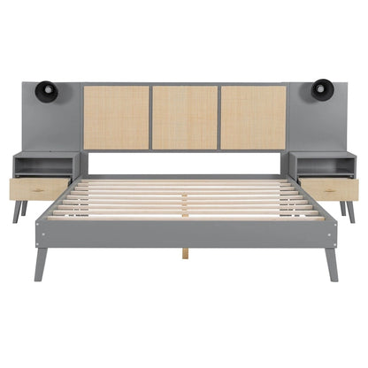 Queen Solid Wood Platform Bed with Nightstands & Headboard Lamps