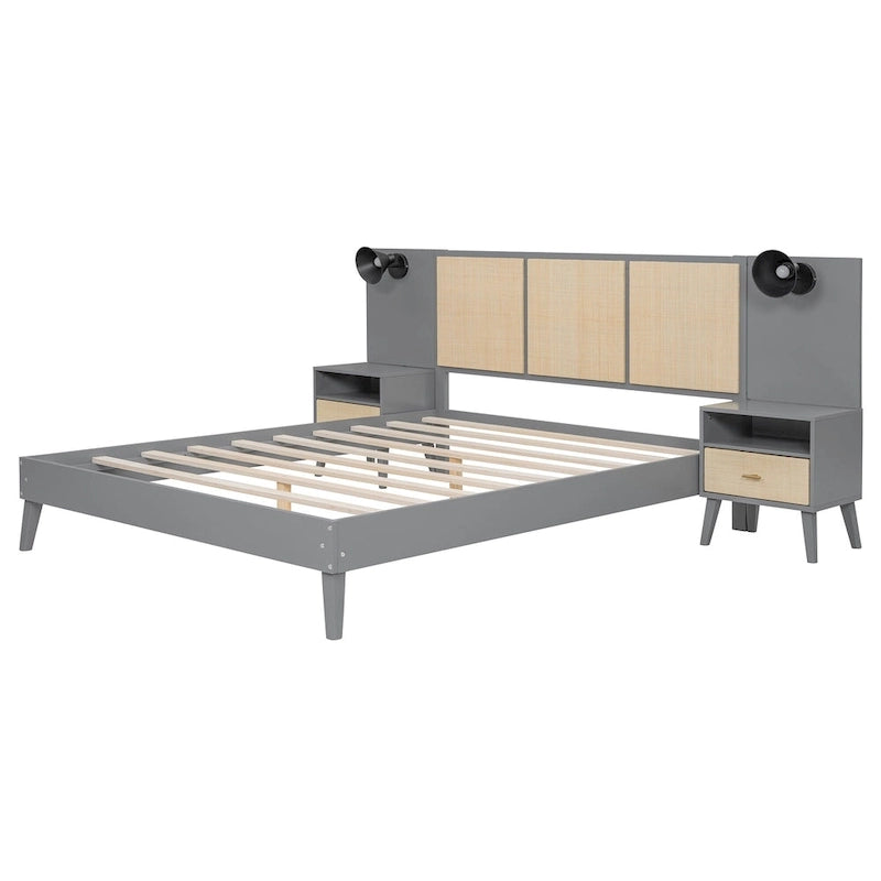 Queen Solid Wood Platform Bed with Nightstands & Headboard Lamps