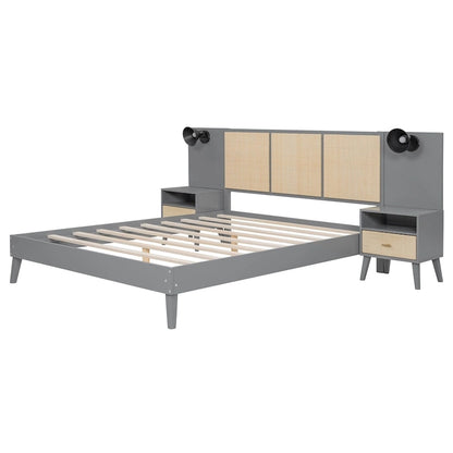 Queen Solid Wood Platform Bed with Nightstands & Headboard Lamps