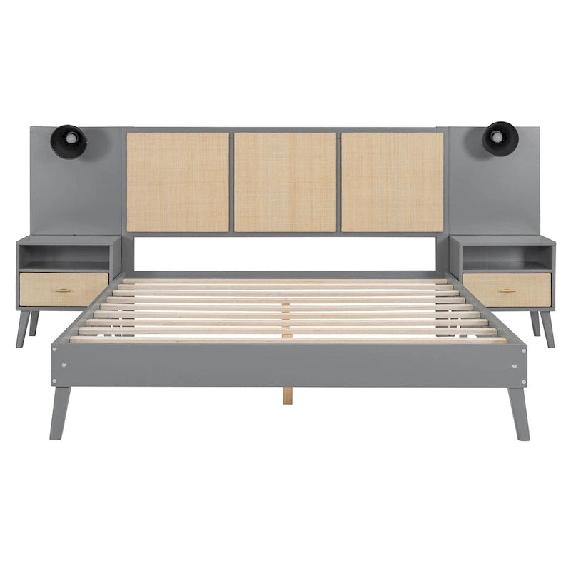 Queen Solid Wood Platform Bed with Nightstands & Headboard Lamps