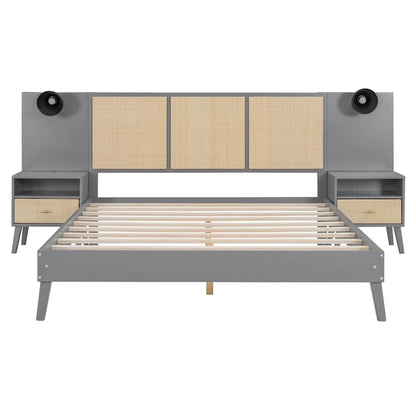 Queen Solid Wood Platform Bed with Nightstands & Headboard Lamps