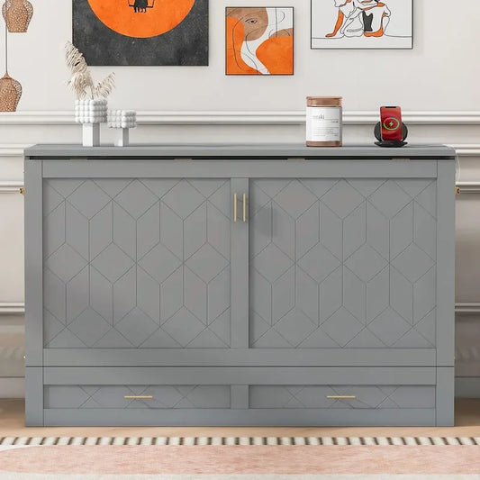 Queen Size Murphy Bed Wall Bed with drawer and a set of Sockets & USB Ports, Pulley Structure Design