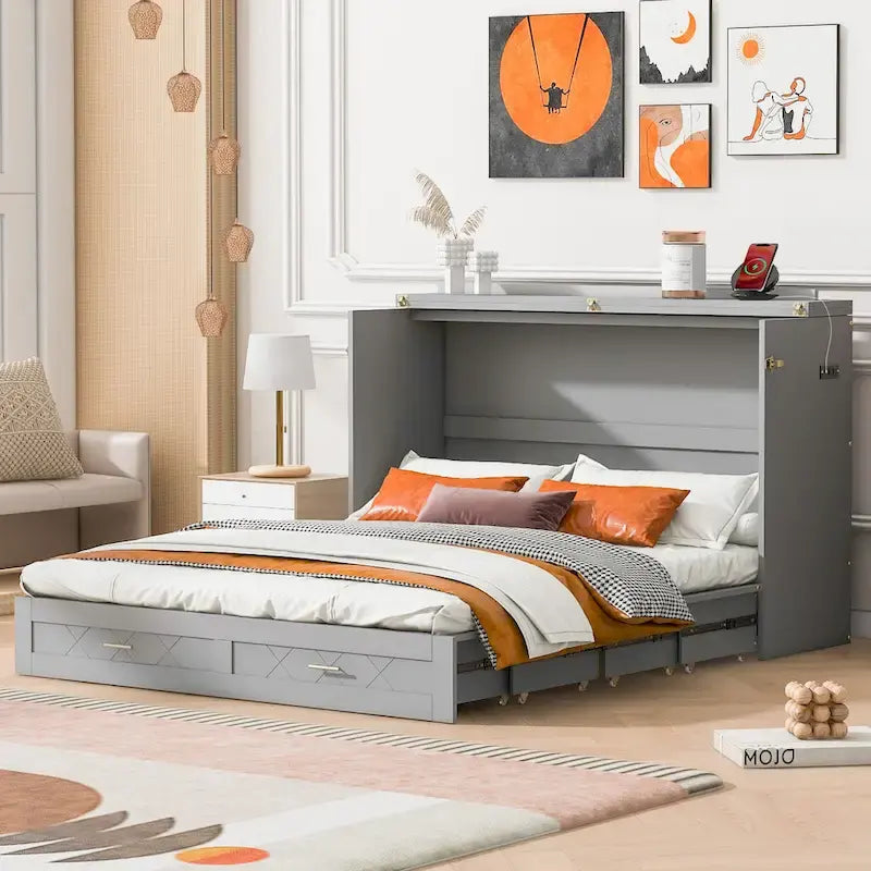 Queen Size Murphy Bed Wall Bed with drawer and a set of Sockets & USB Ports, Pulley Structure Design