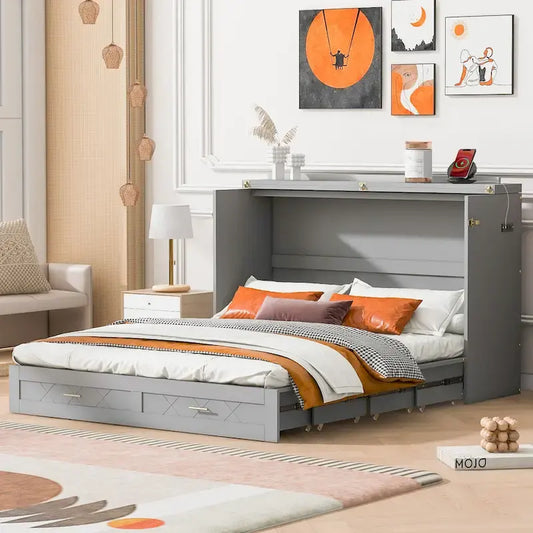 Queen Size Murphy Bed Wall Bed with drawer and a set of Sockets & USB Ports, Pulley Structure Design