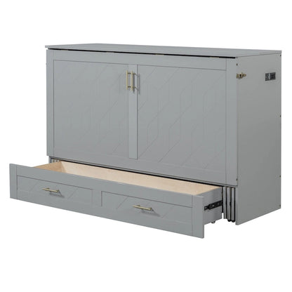 Queen Size Murphy Bed Wall Bed with drawer and a set of Sockets & USB Ports, Pulley Structure Design