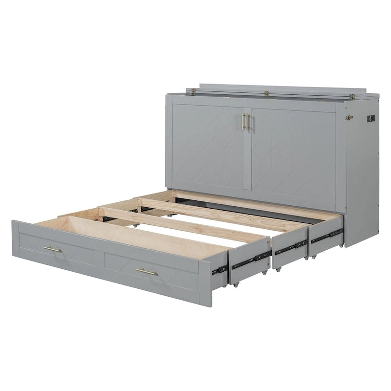 Queen Size Murphy Bed Wall Bed with drawer and a set of Sockets & USB Ports, Pulley Structure Design