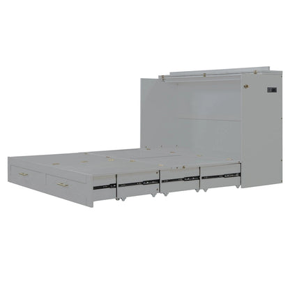 Queen Size Murphy Bed Wall Bed with drawer and a set of Sockets & USB Ports, Pulley Structure Design