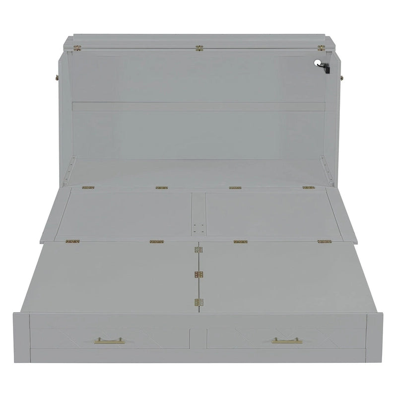 Queen Size Murphy Bed Wall Bed with drawer and a set of Sockets & USB Ports, Pulley Structure Design