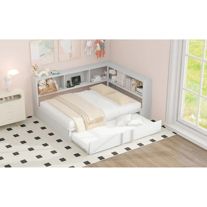 Metal Frame Daybed Full Size Sofa Bed with L-shape Storage Bookcase Guardrail, USB Ports and Trundle Bed, Low Profile Bed