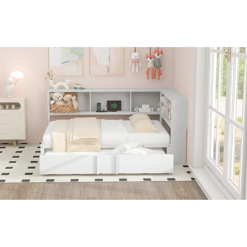 Metal Frame Daybed Full Size Sofa Bed with L-shape Storage Bookcase Guardrail, USB Ports and Trundle Bed, Low Profile Bed