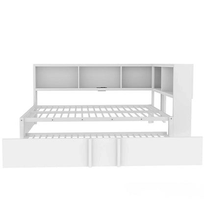 Metal Frame Daybed Full Size Sofa Bed with L-shape Storage Bookcase Guardrail, USB Ports and Trundle Bed, Low Profile Bed
