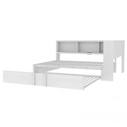 Metal Frame Daybed Full Size Sofa Bed with L-shape Storage Bookcase Guardrail, USB Ports and Trundle Bed, Low Profile Bed