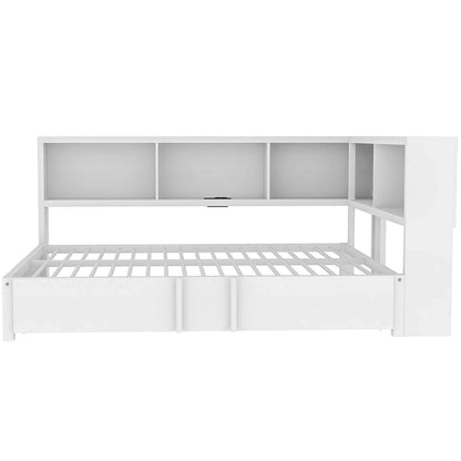 Metal Frame Daybed Full Size Sofa Bed with L-shape Storage Bookcase Guardrail, USB Ports and Trundle Bed, Low Profile Bed