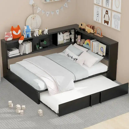 Metal Frame Daybed Full Size Sofa Bed with L-shape Storage Bookcase Guardrail, USB Ports and Trundle Bed, Low Profile Bed