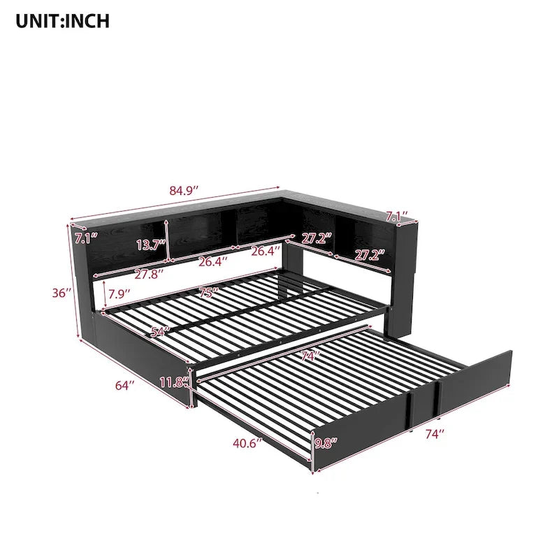 Metal Frame Daybed Full Size Sofa Bed with L-shape Storage Bookcase Guardrail, USB Ports and Trundle Bed, Low Profile Bed