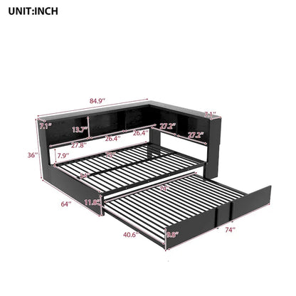 Metal Frame Daybed Full Size Sofa Bed with L-shape Storage Bookcase Guardrail, USB Ports and Trundle Bed, Low Profile Bed