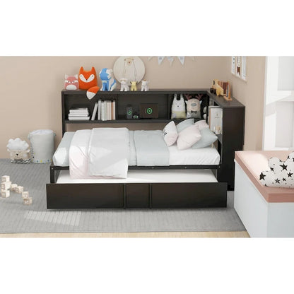 Metal Frame Daybed Full Size Sofa Bed with L-shape Storage Bookcase Guardrail, USB Ports and Trundle Bed, Low Profile Bed