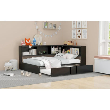Metal Frame Daybed Full Size Sofa Bed with L-shape Storage Bookcase Guardrail, USB Ports and Trundle Bed, Low Profile Bed