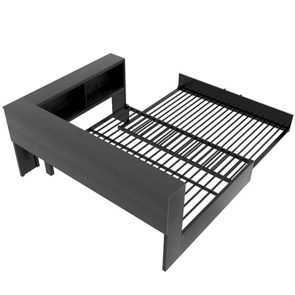 Metal Frame Daybed Full Size Sofa Bed with L-shape Storage Bookcase Guardrail, USB Ports and Trundle Bed, Low Profile Bed