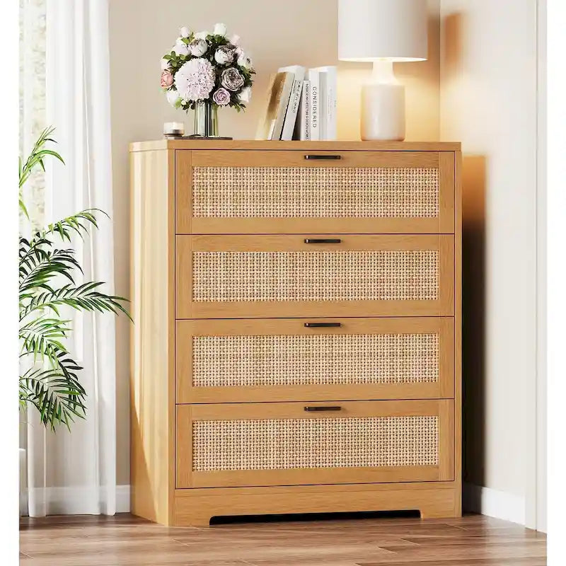4 Drawer Dresser for Bedroom, Rattan Chest of Dressers