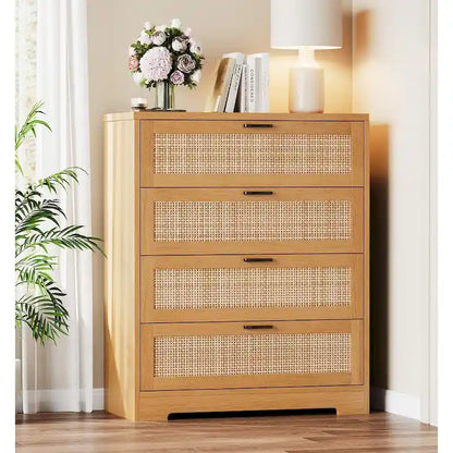 4 Drawer Dresser for Bedroom, Rattan Chest of Dressers