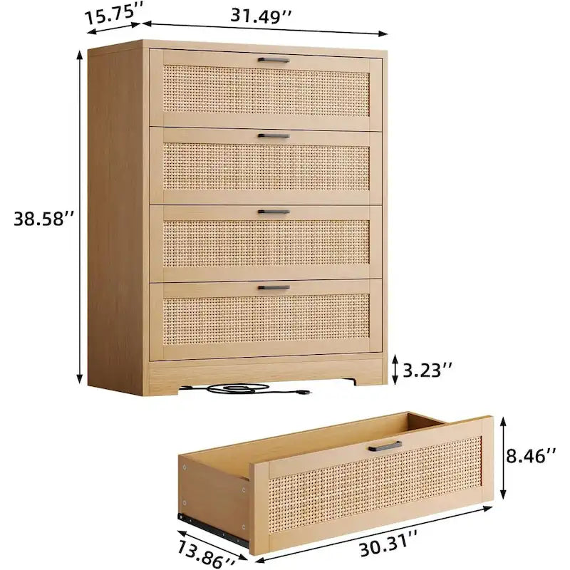 4 Drawer Dresser for Bedroom, Rattan Chest of Dressers