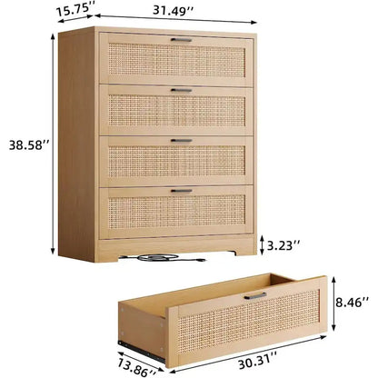 4 Drawer Dresser for Bedroom, Rattan Chest of Dressers