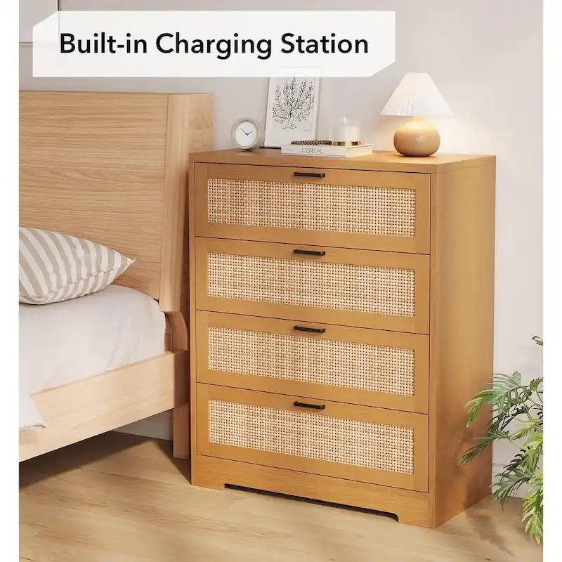 4 Drawer Dresser for Bedroom, Rattan Chest of Dressers
