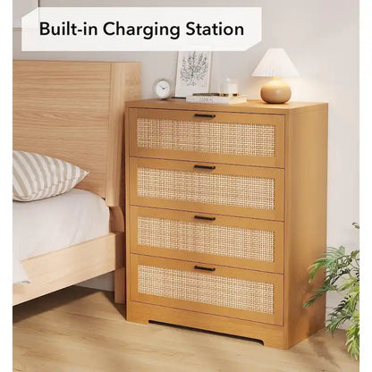 4 Drawer Dresser for Bedroom, Rattan Chest of Dressers