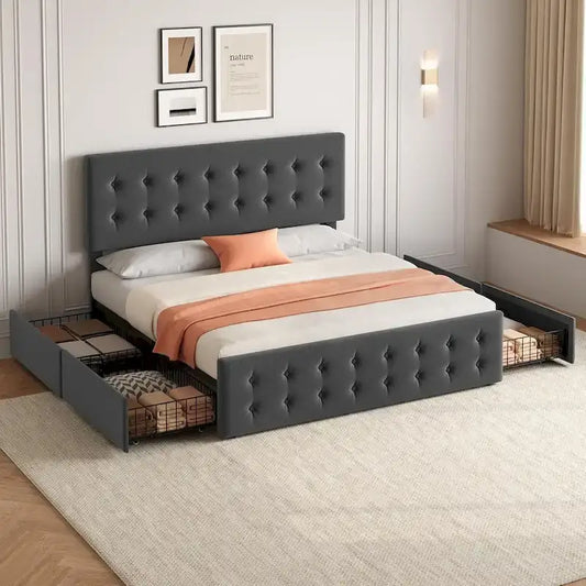 Bed Frame with Adjustable Headboard and 4 Storage Drawers