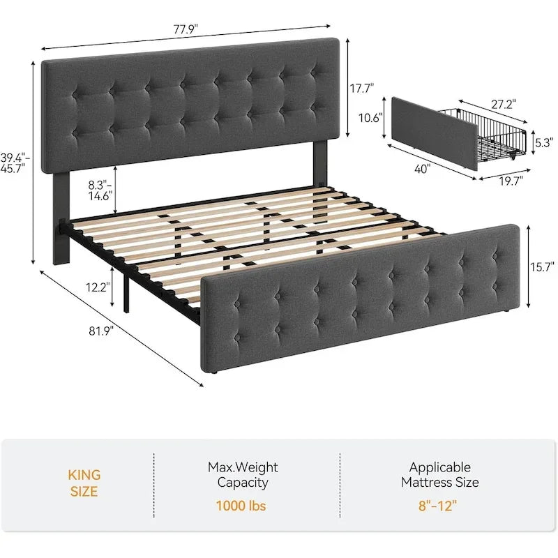Bed Frame with Adjustable Headboard and 4 Storage Drawers